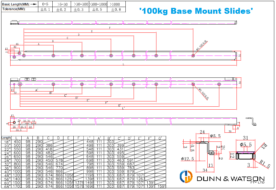 Dunn & Watson - Base Mount Drawer Slides - 100kg