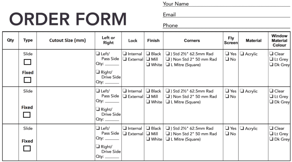 custom window order form