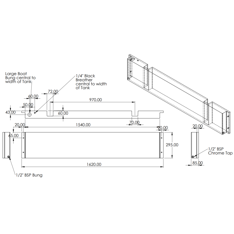 30L Ute Tray Headboard Tank dimensions