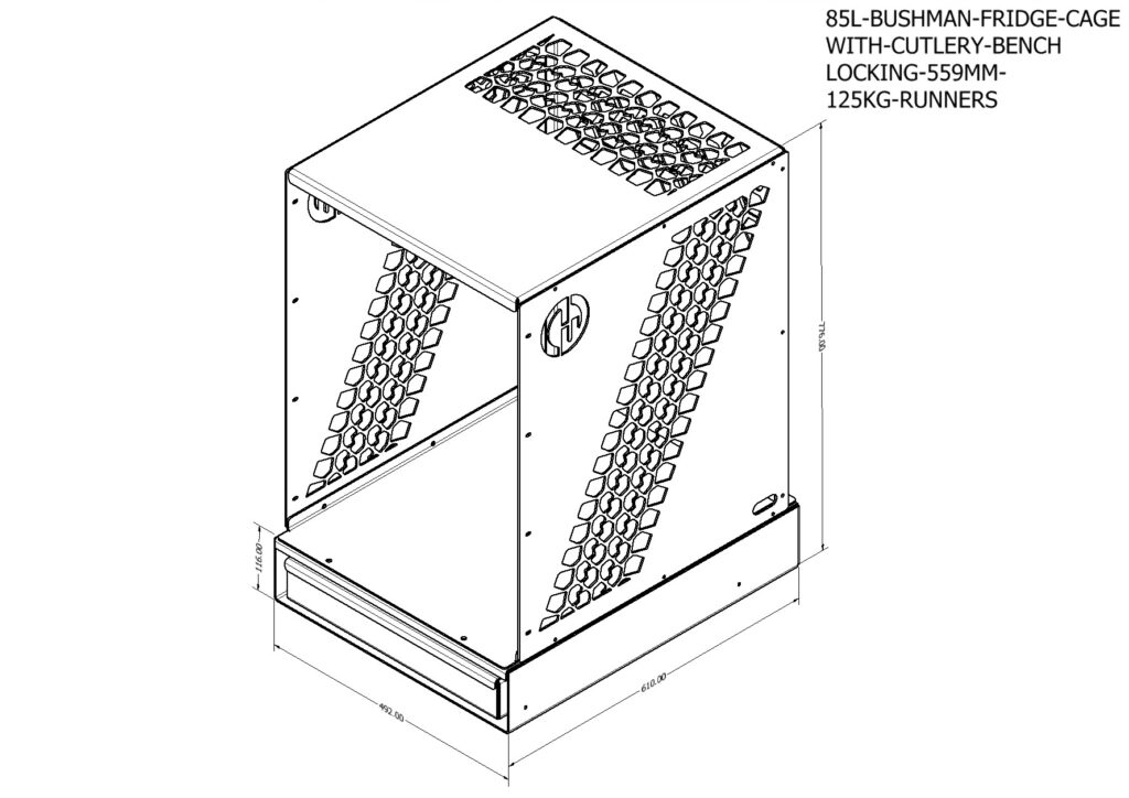 85L BUSHMAN FRIDGE CAGE WITH CUTLERY BENCH DIMENSIONS