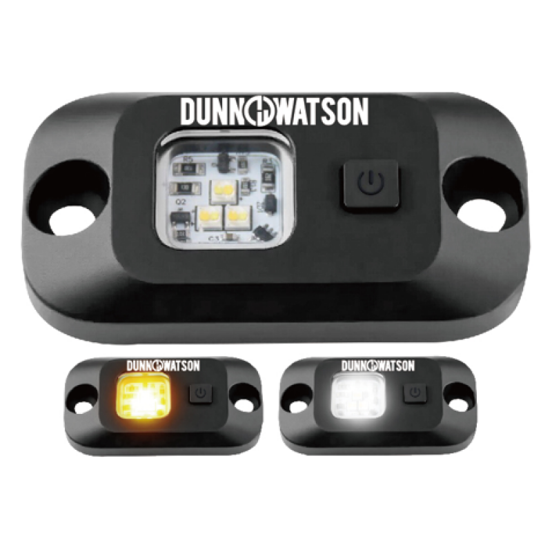 Black LED utility light with central bulb, power button; emits amber and white light variations.