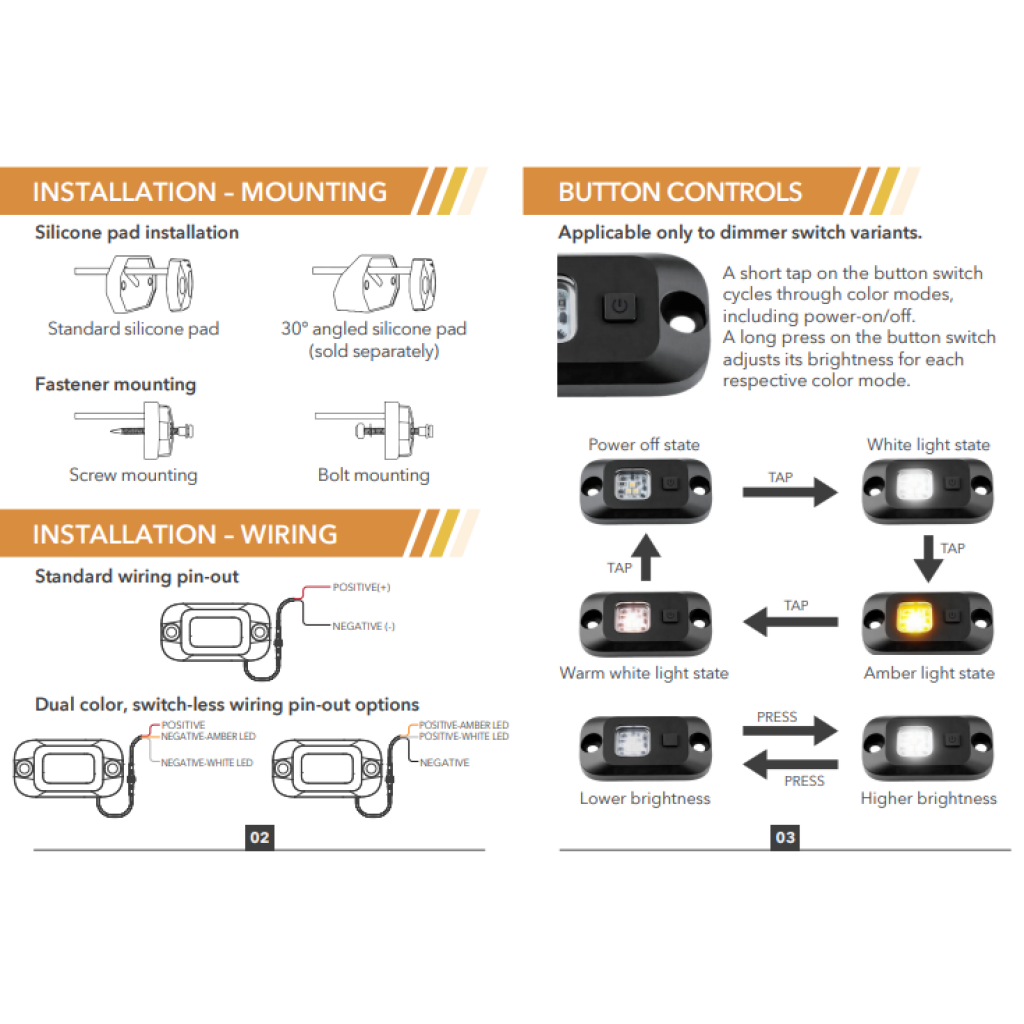 4wd Rock Lights - White & Amber + Dimmable - 2