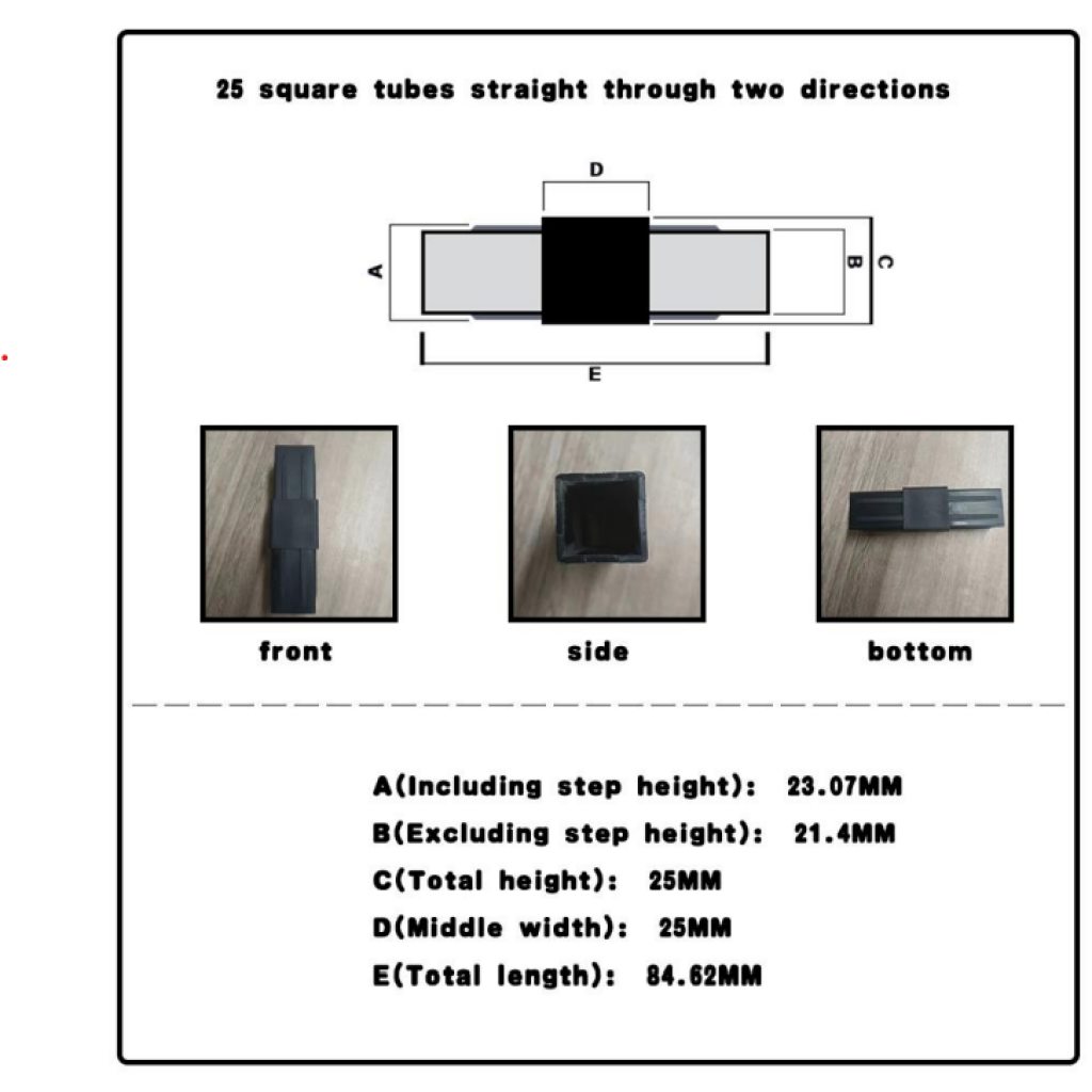 Diagram and photos of a 25mm square tube connector; front, side, bottom views, dimensions shown.