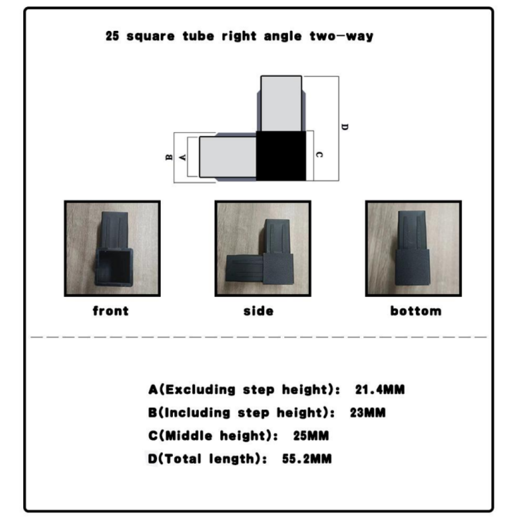 A 21.4mm, B 23mm, C 25mm, D 55.2mm.