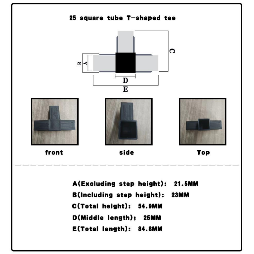 A 21.5mm, B 23mm, C 54.9mm, D 25mm, E 84.8mm.