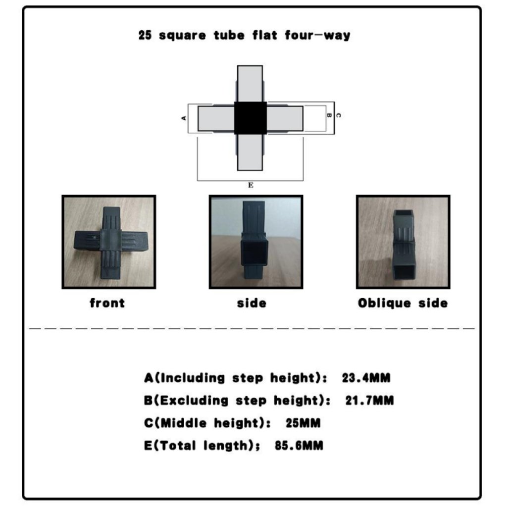 A is 23.4mm, B is 21.7mm, C is 25mm, E is 85.6mm.