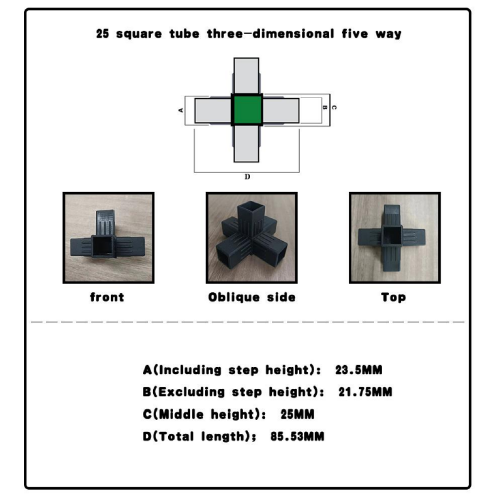 25 square tube connector, front, oblique, top views; dimensions A 23.5mm, B 21.75mm, C 25mm, D 85.53mm.
