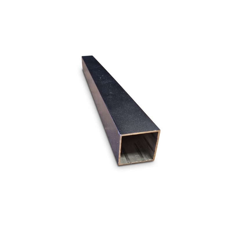 Rectangular hollow metal beam with dark finish and light edges, shown diagonally.