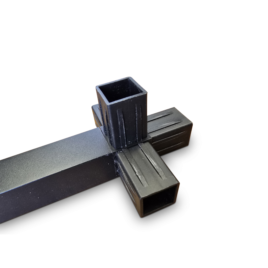 Black metal T-joint connector for rectangular tubing with textured surface and vertical lines.