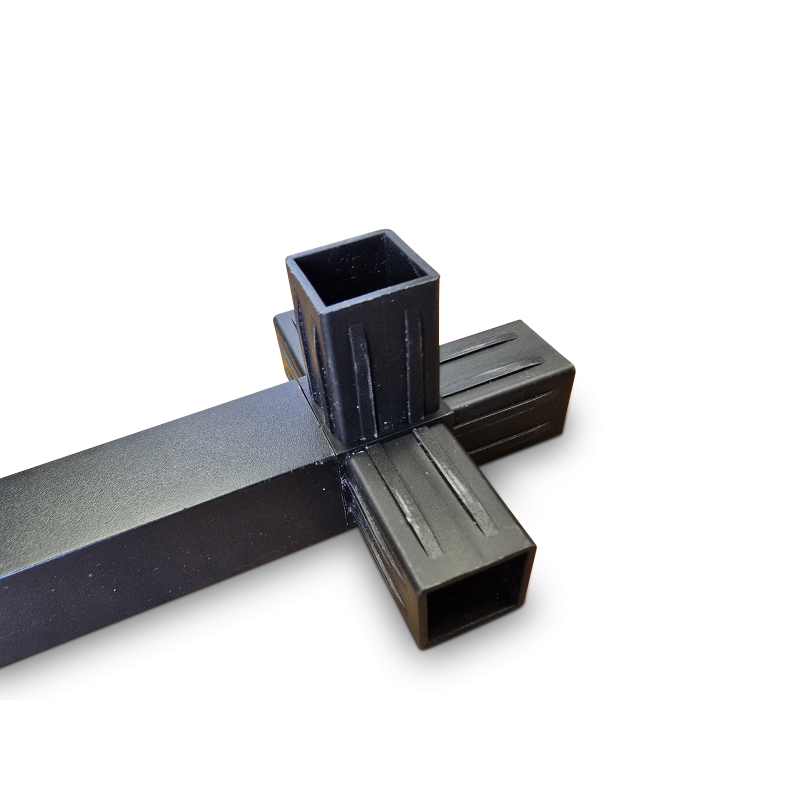 Black metal T-joint connector for rectangular tubing with textured surface and vertical lines.