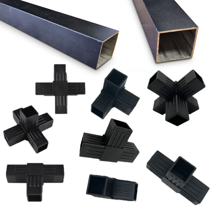 Black plastic connectors and two long, hollow, rectangular metal tubes for structural assembly.