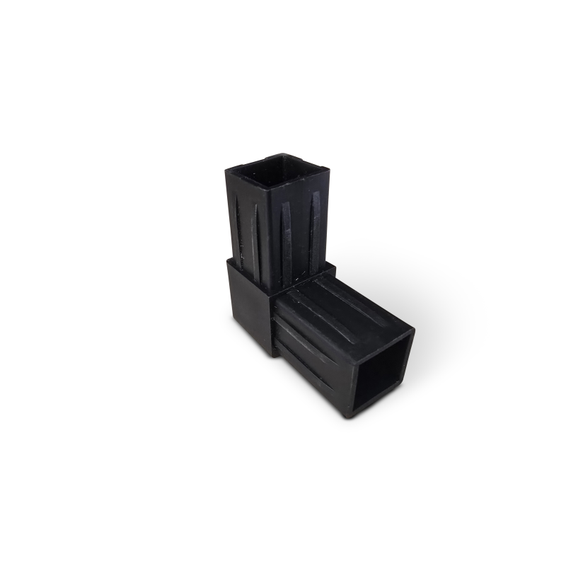 Black plastic T-joint with rectangular tube shape and vertical ridges.