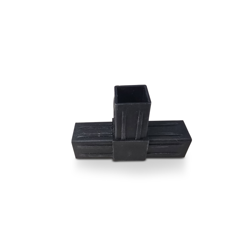 Three-way black plastic connector with rectangular openings for square tubing.