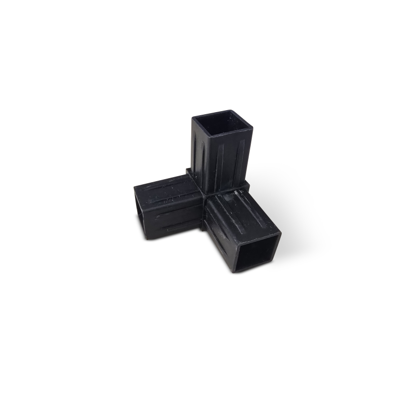 Black plastic connector with three hollow rectangular sockets at right angles.