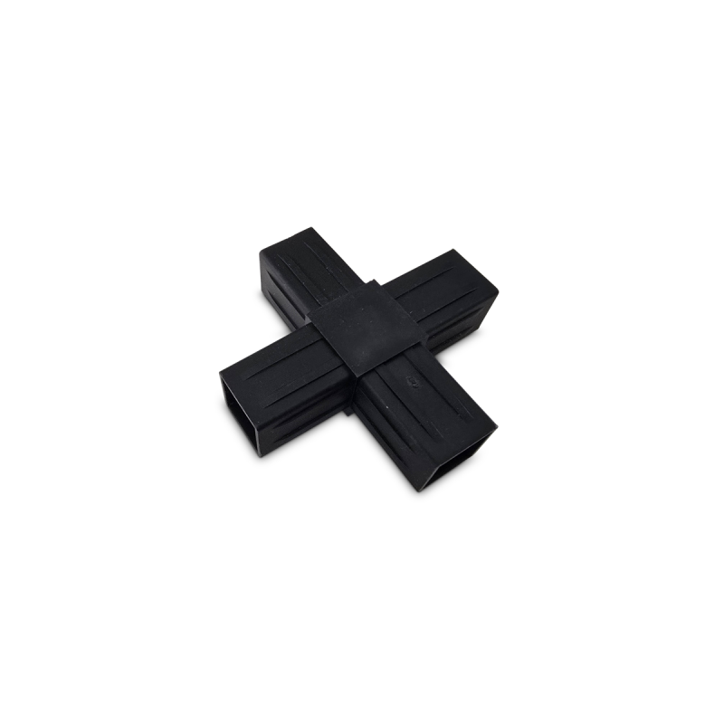 Black four-way connector with surface grooves, forming a cross shape.