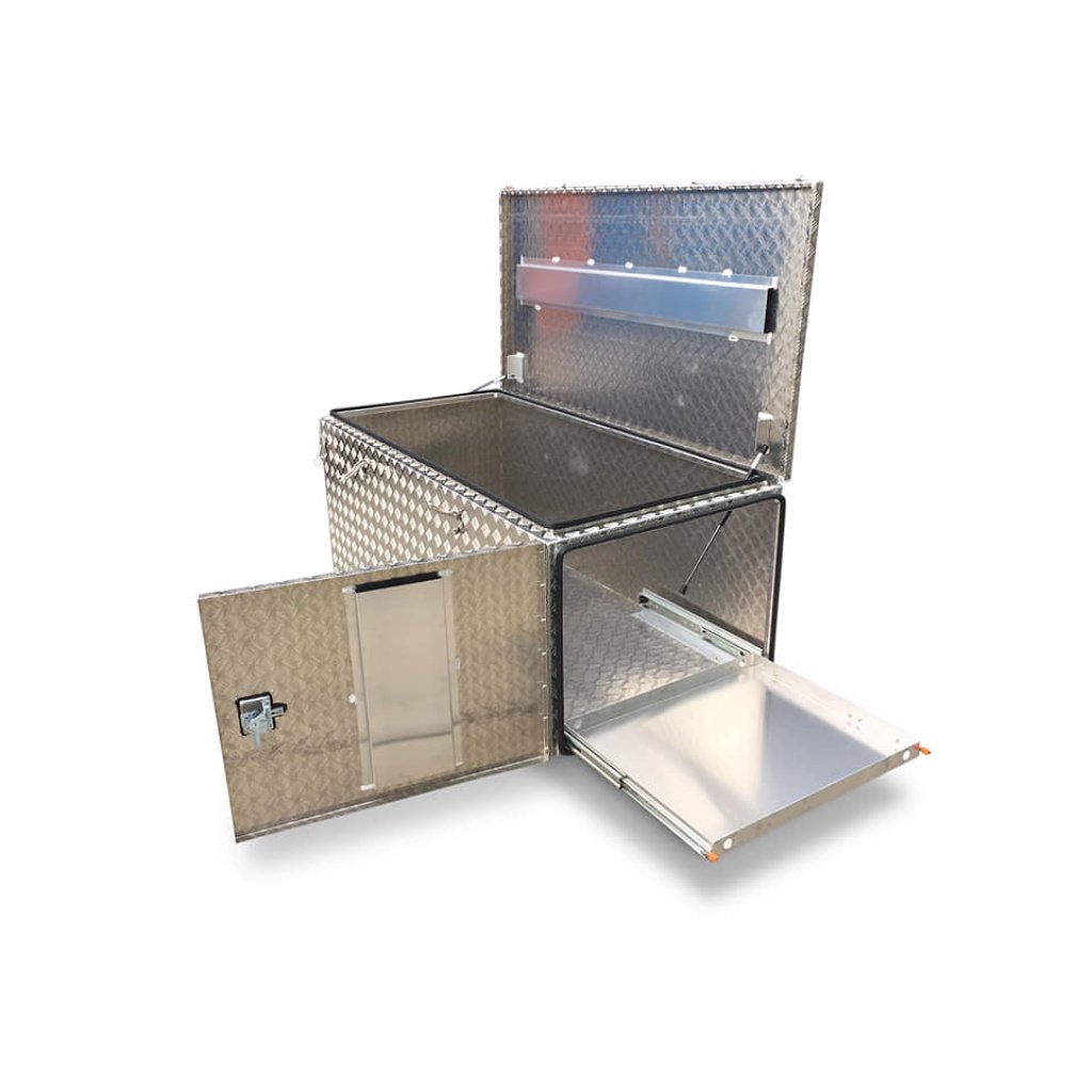 Open aluminum toolbox with diamond pattern, top and side compartments, latch, and handle.