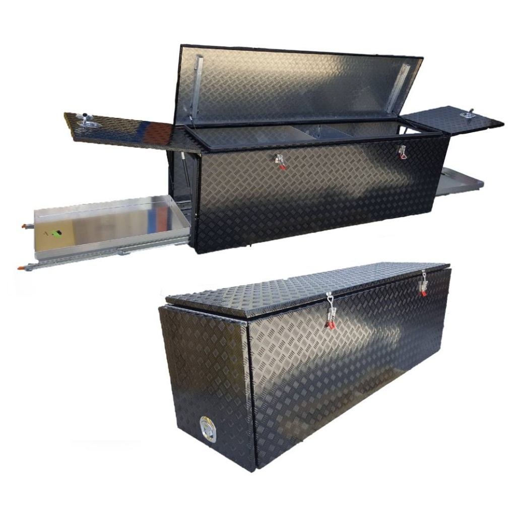 Black diamond plate metal box with sliding compartments and red-accented locks.