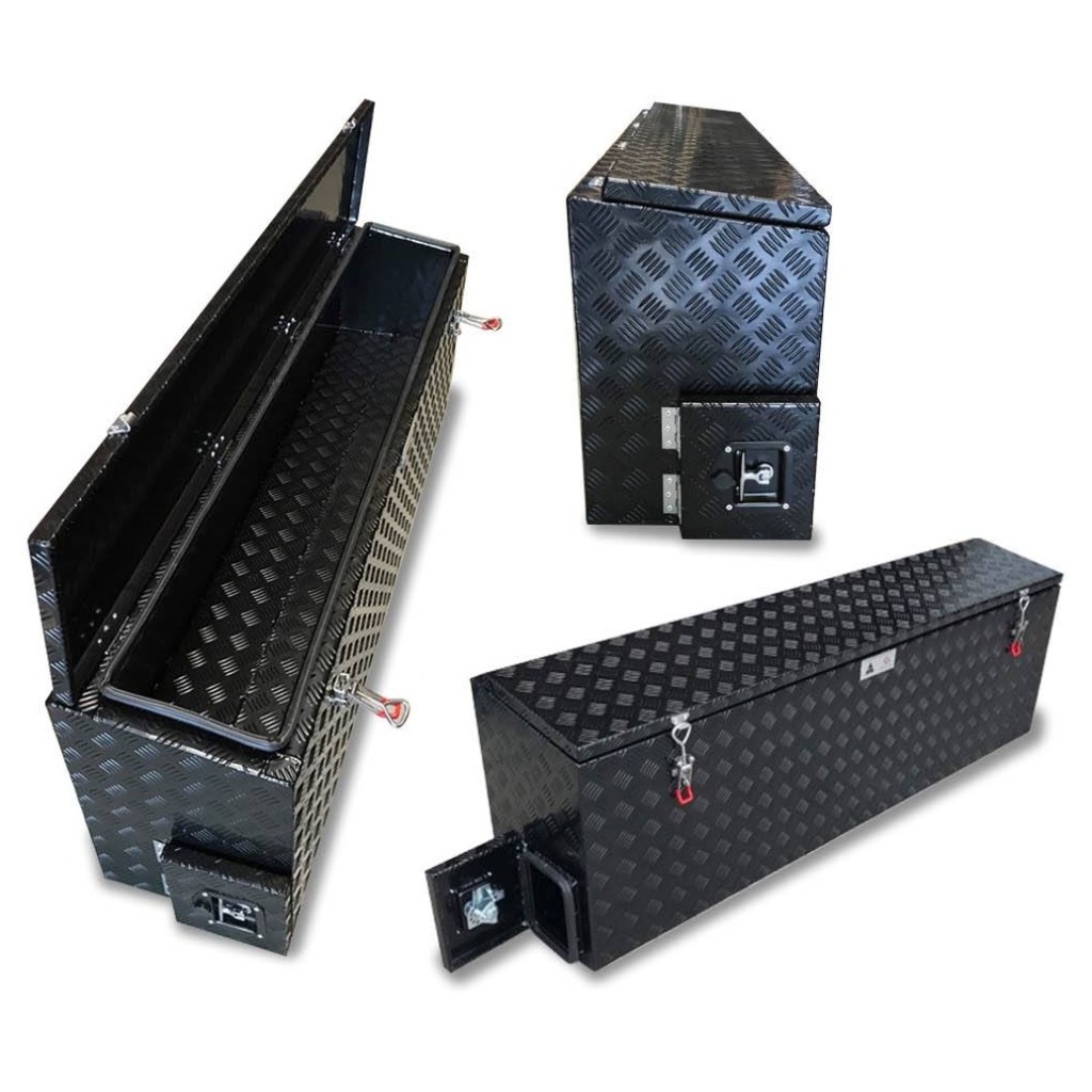 Black diamond plate tool box with hinged lid, lock, and side compartment.