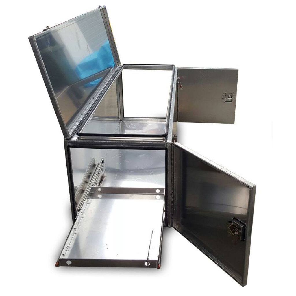 Metal enclosure with compartments, hinged doors, pull-out tray, made of stainless steel.