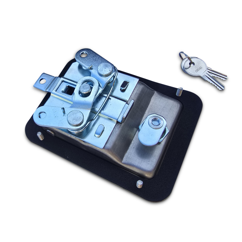 Metallic latch and keys on a black base, part of a secure locking system.