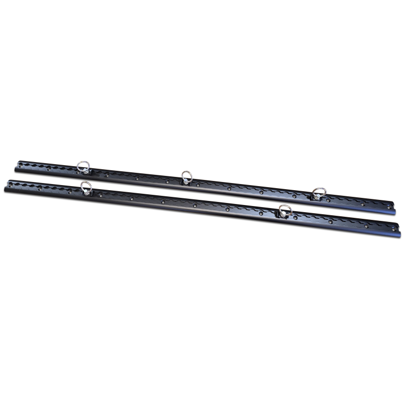 Black metal mounting rails with holes and ring hooks for secure attachment.