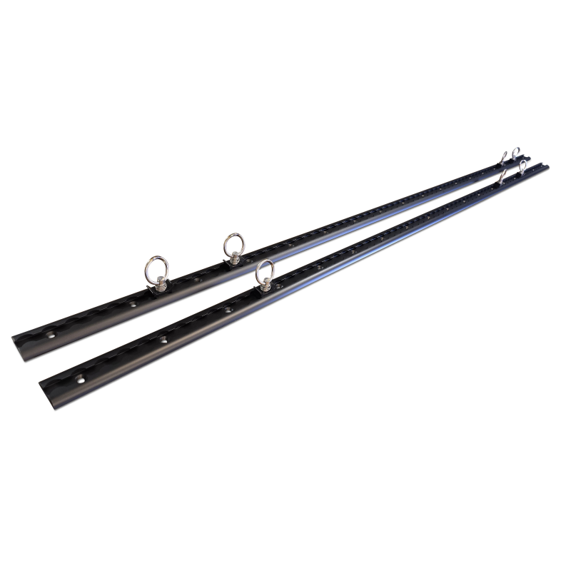 Two black metal tracks with circular attachment points on a solid black background.