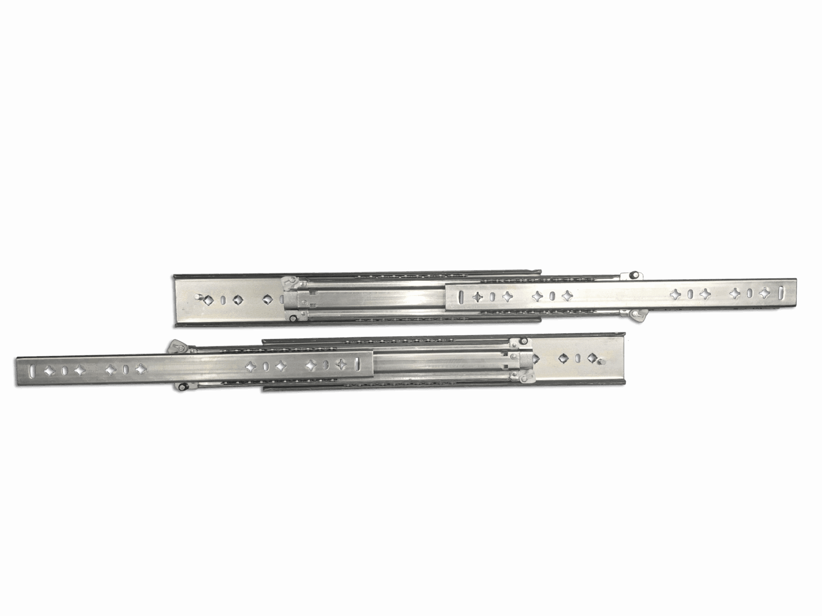 Metal drawer slides with screw holes, telescopic mechanism for cabinetry or furniture extension.