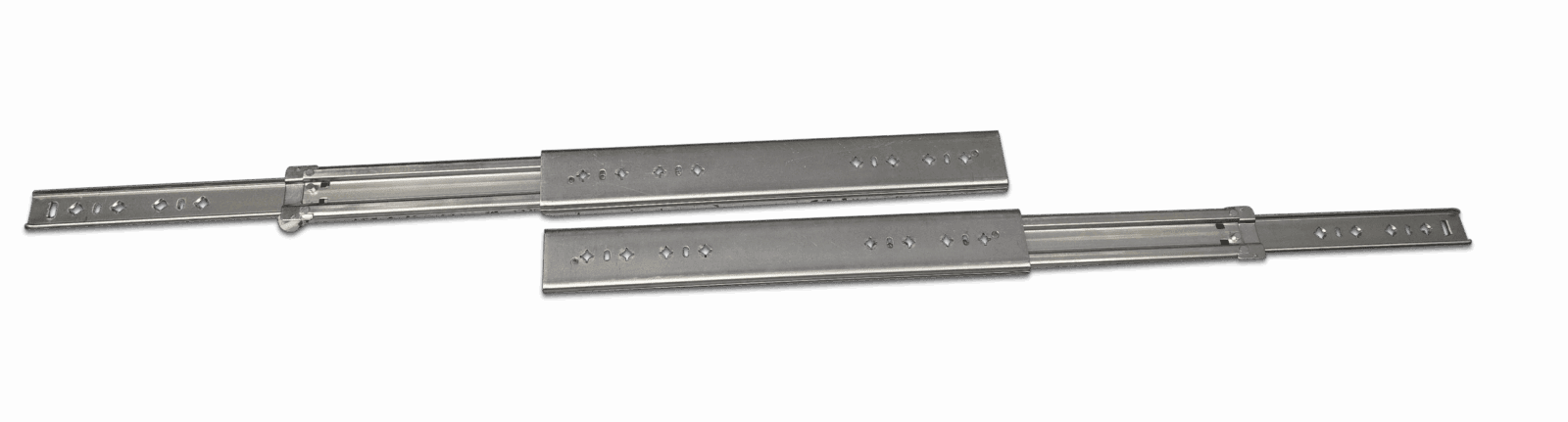 Metal drawer slides with mounting holes and telescoping sections for smooth extension.