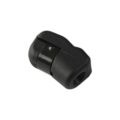 Black plastic ferrite core cable clip with metal clamp to reduce electromagnetic interference.