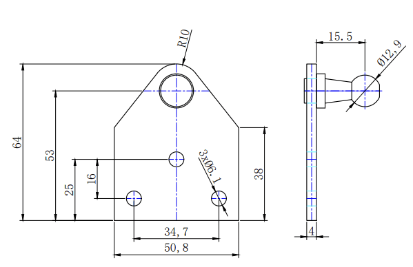 Mechanical part technical drawing with dimensions, holes, and side view showing thickness and protrusion.