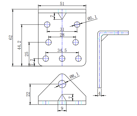 Technical drawing of an L-shaped bracket with hole diameters 5.1mm and 8.1mm and detailed dimensions.