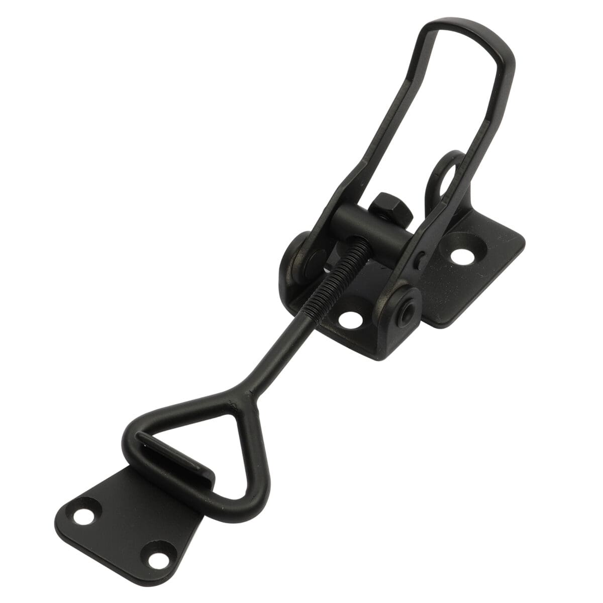 Black metal toggle latch with triangular pull handle and mounting plates on both ends.