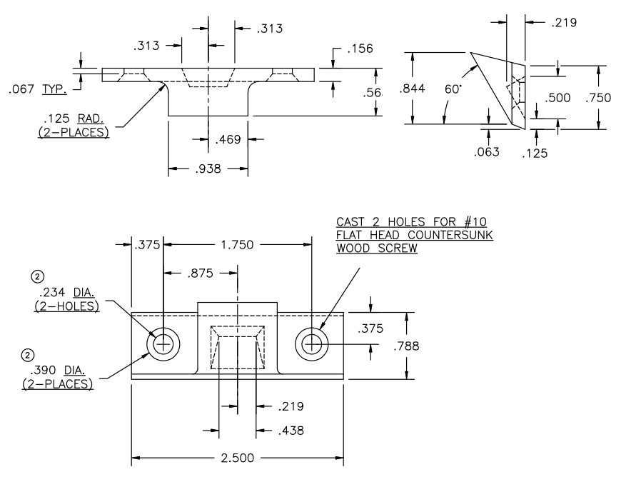 Engineering drawing of a part with two countersunk holes and detailed dimensional specifications.