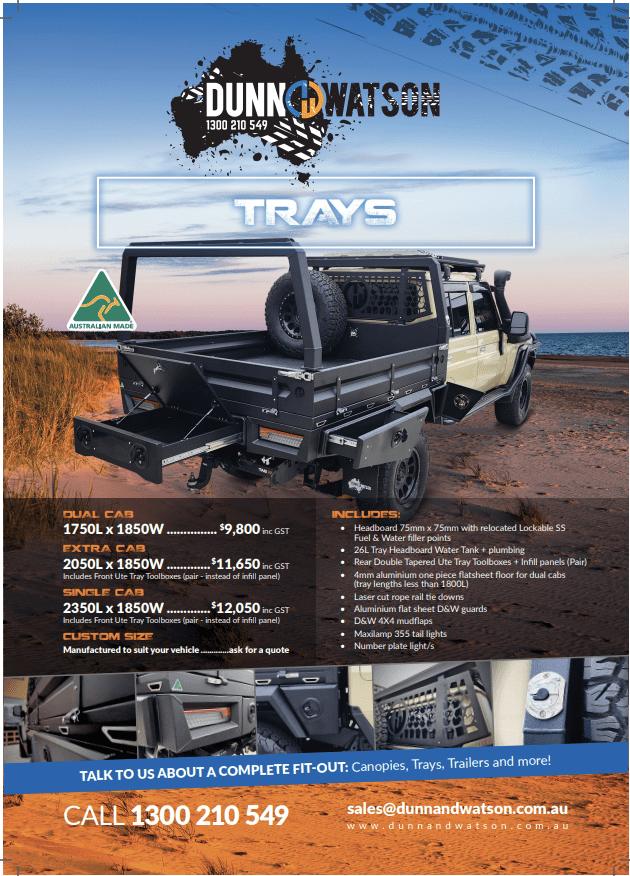 Australian-made custom ute trays by Dunn & Watson with headboard, toolboxes, and accessories, prices included.
