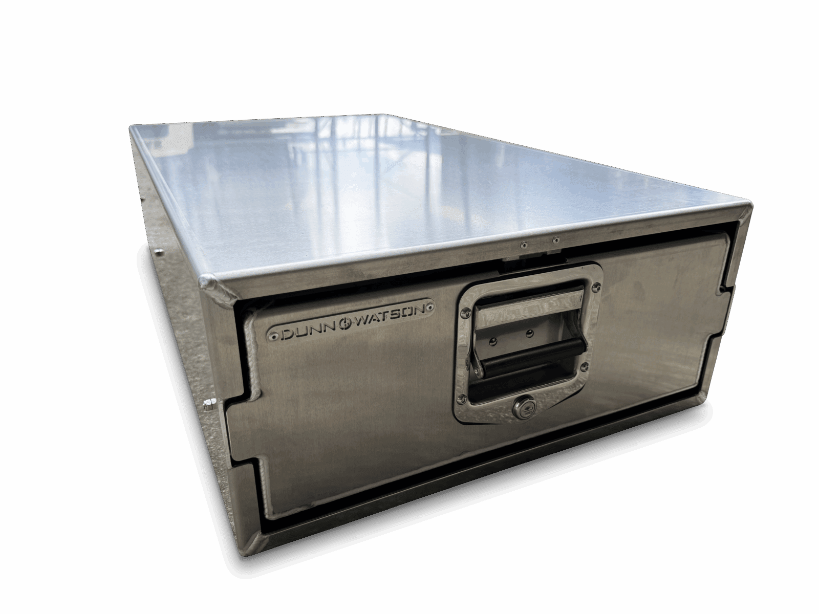 Metal storage drawer with handle, lock, Dunn & Watson brand engraving, and reinforced corners.