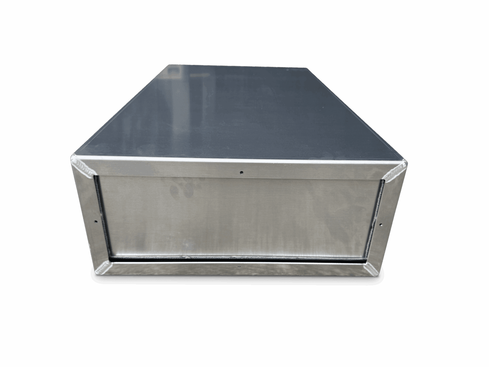 Rectangular stainless steel box with welded frame and flat top on black background