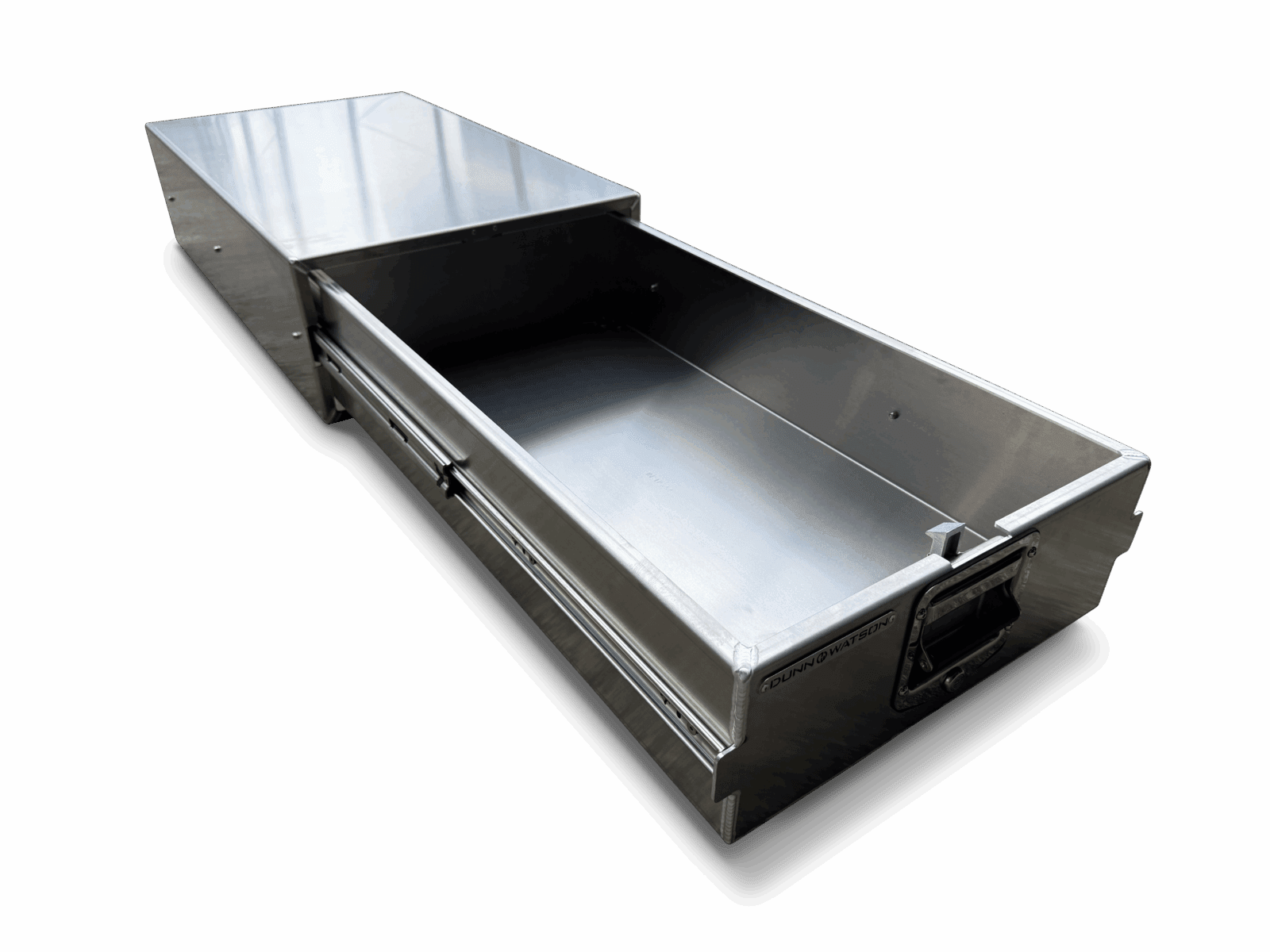 Stainless steel metal drawer with sliding compartment and front handle against black background
