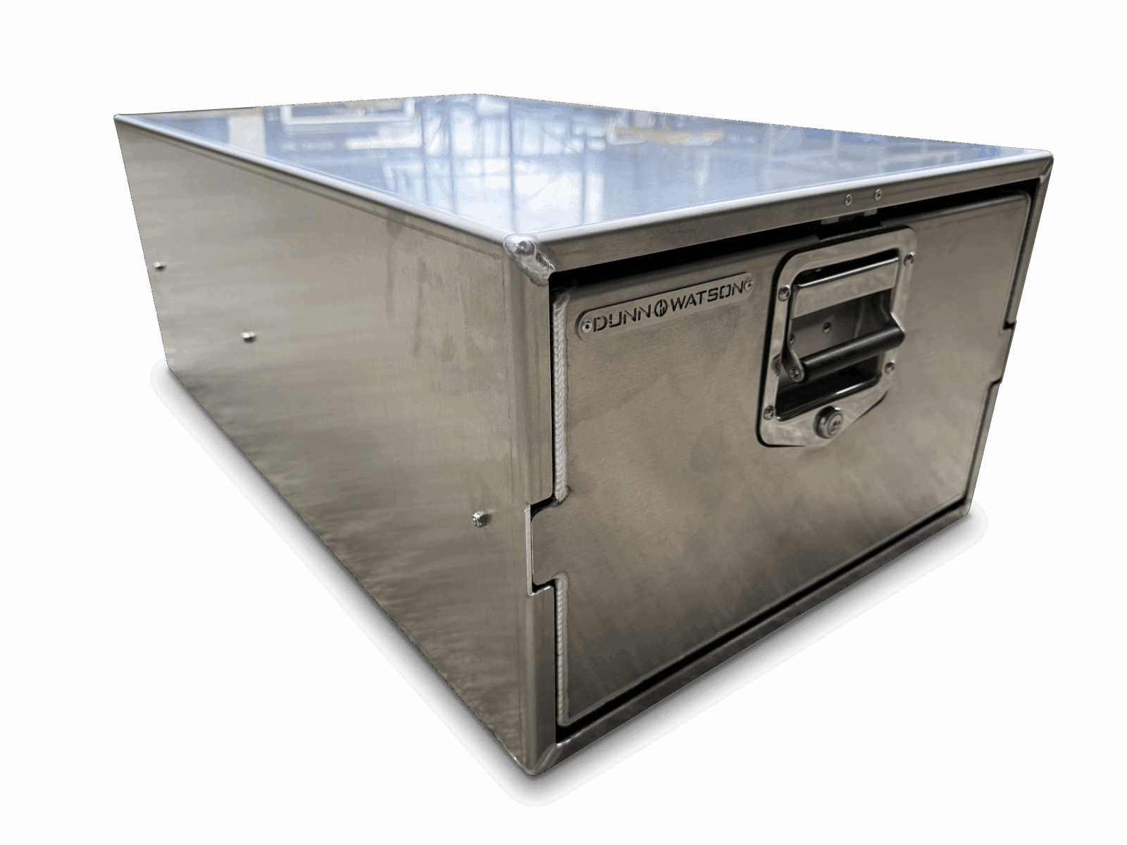 Rectangular metal storage drawer with latch handle and Dunn & Watson branding on front.