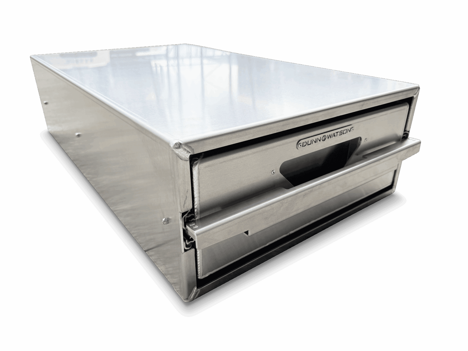 Stainless steel rectangular drawer unit with handle and Dunn Watson branding on front panel.