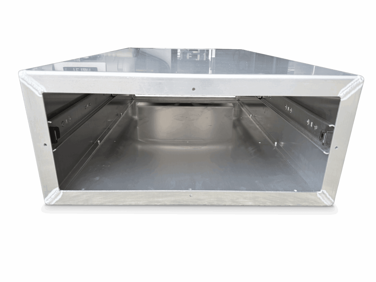 Rectangular metal enclosure with welded corners and side mounting rails, empty interior.