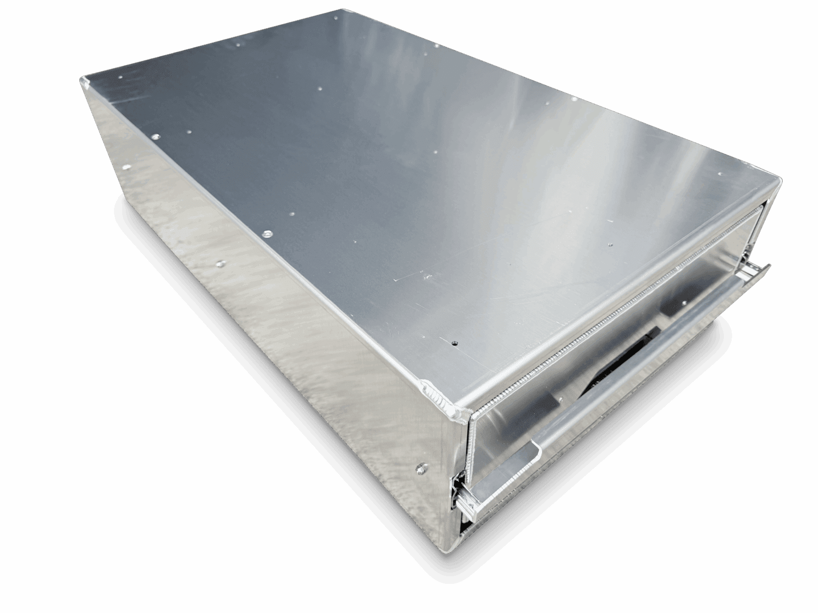 Rectangular metal enclosure with handle and screws on top, set against black background