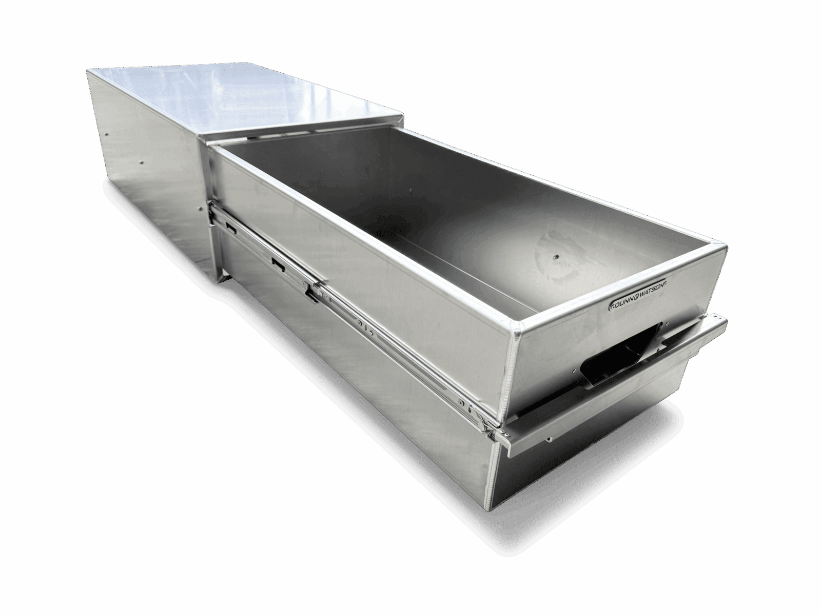Stainless steel rectangular storage box with a sliding drawer partially extended on a black background.