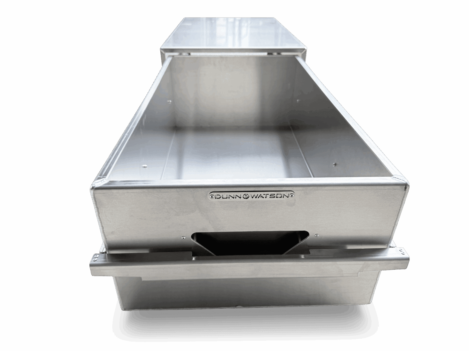 Stainless steel commercial kitchen drawer by Dunn & Watson, open and empty with handle.