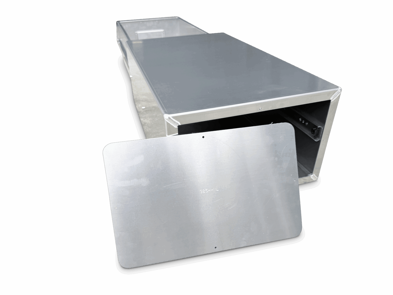 Rectangular metal enclosure with removable panel and internal rail mechanism on black background