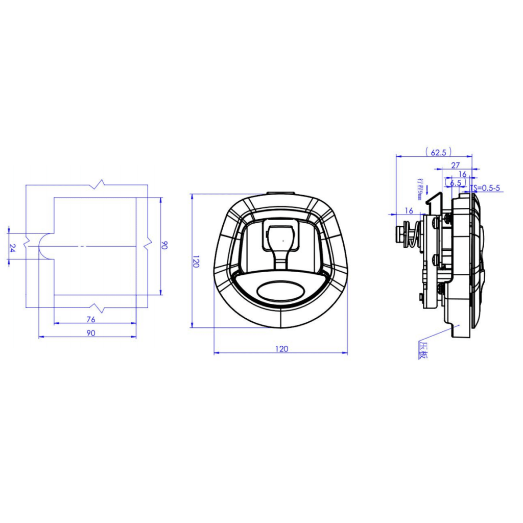 Technical drawing of a mechanical component with top, front, and side views and detailed dimensions.