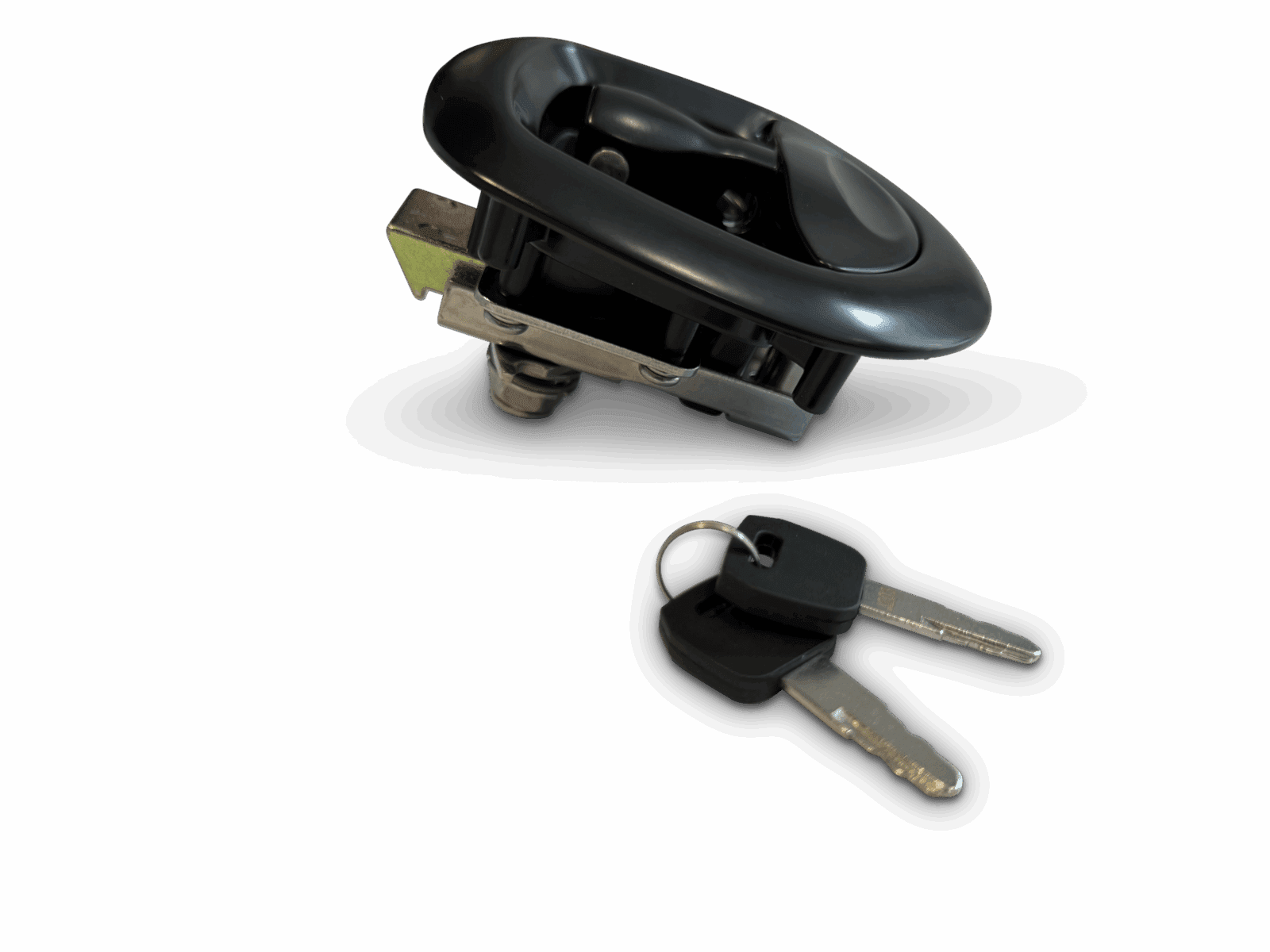 Black door handle lock mechanism with two keys on a key ring against a black background