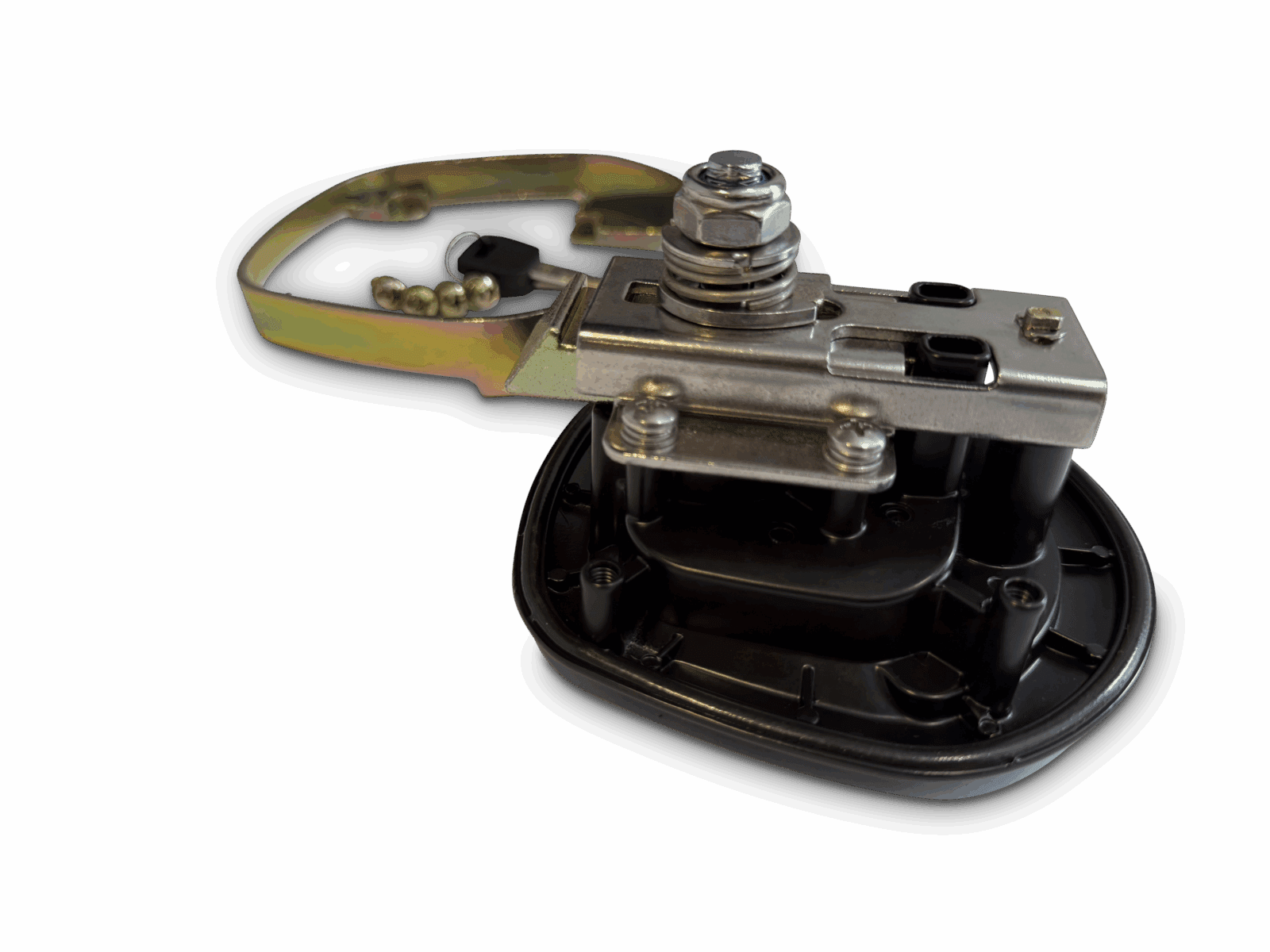 Metal and plastic mechanical component with spring-loaded plunger and curved handle on black background