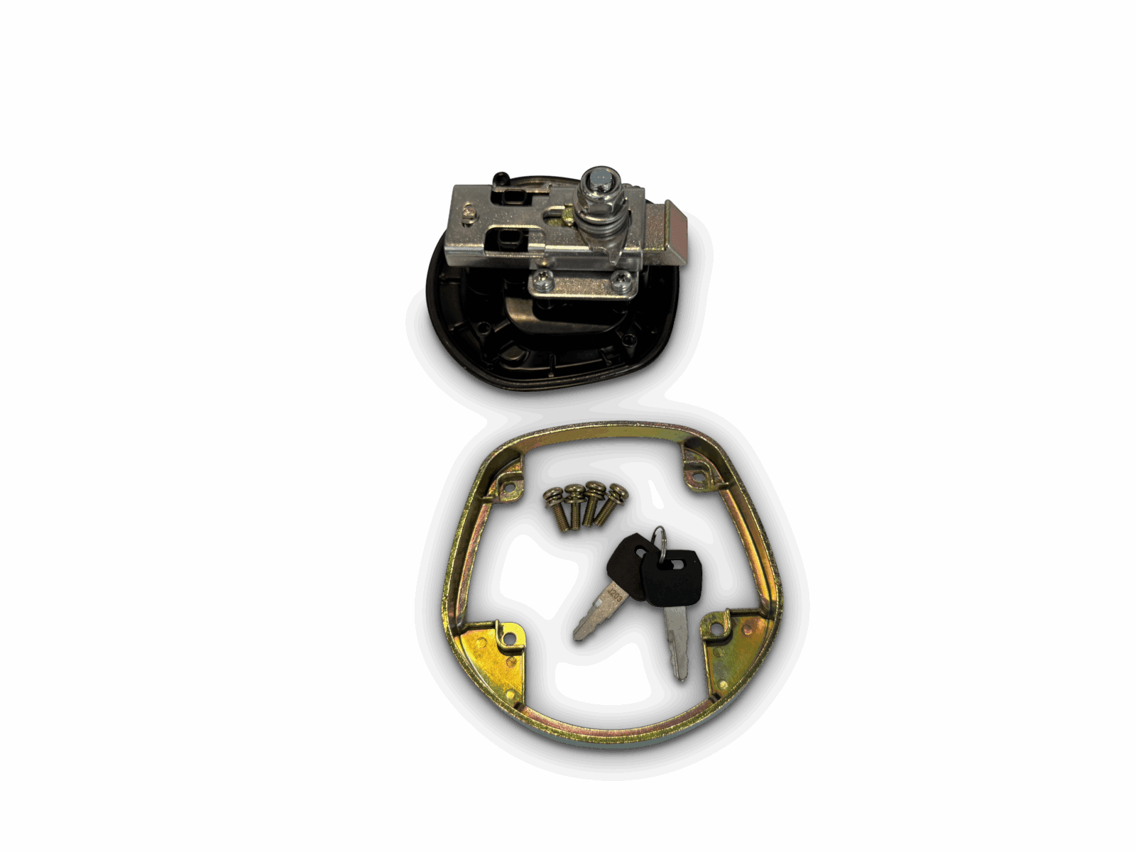 Disassembled metal lock parts, mounting bracket, four screws, and two keys on black background