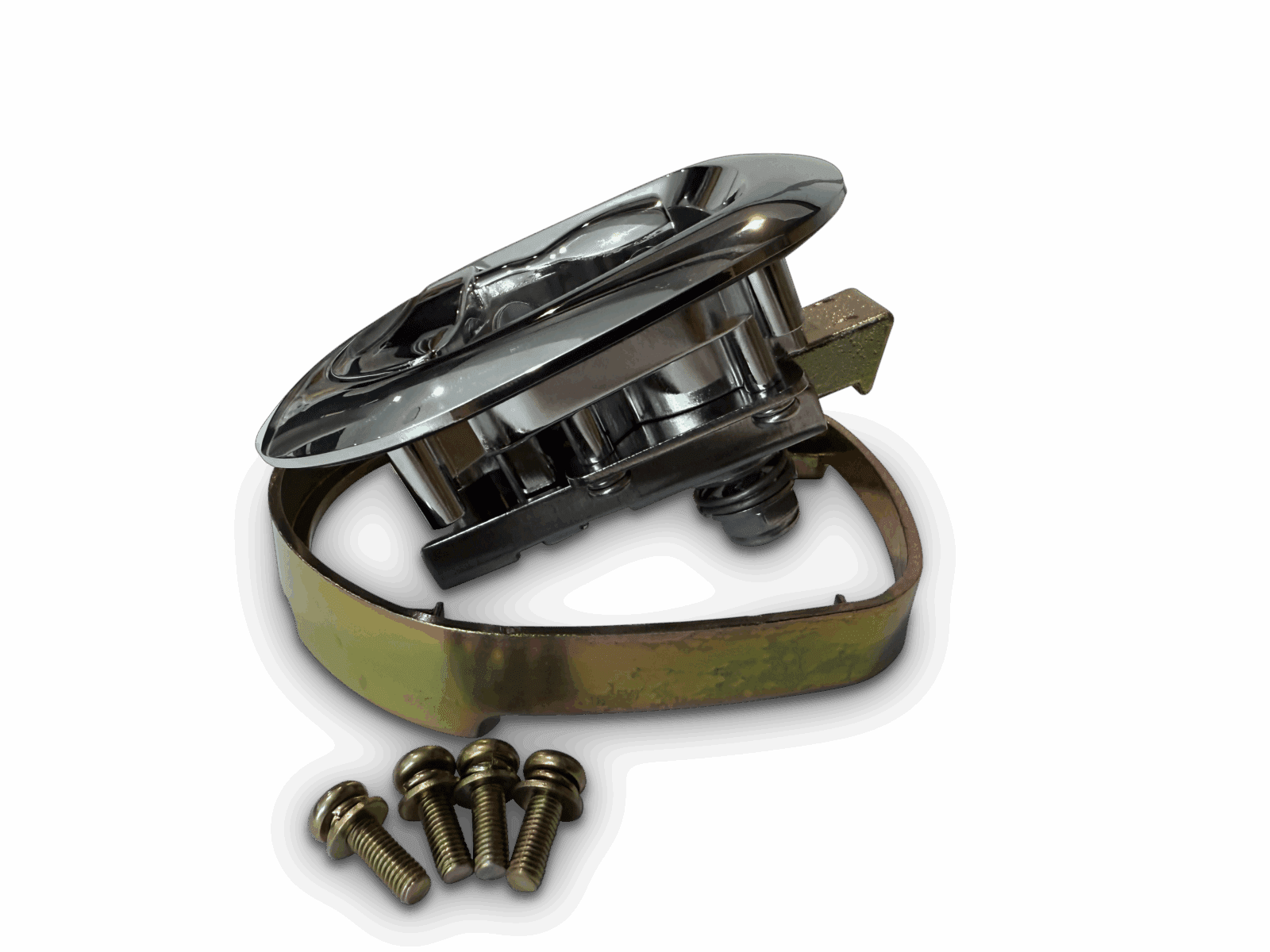 Metallic latch mechanism with oval bracket and four bolts against a black background