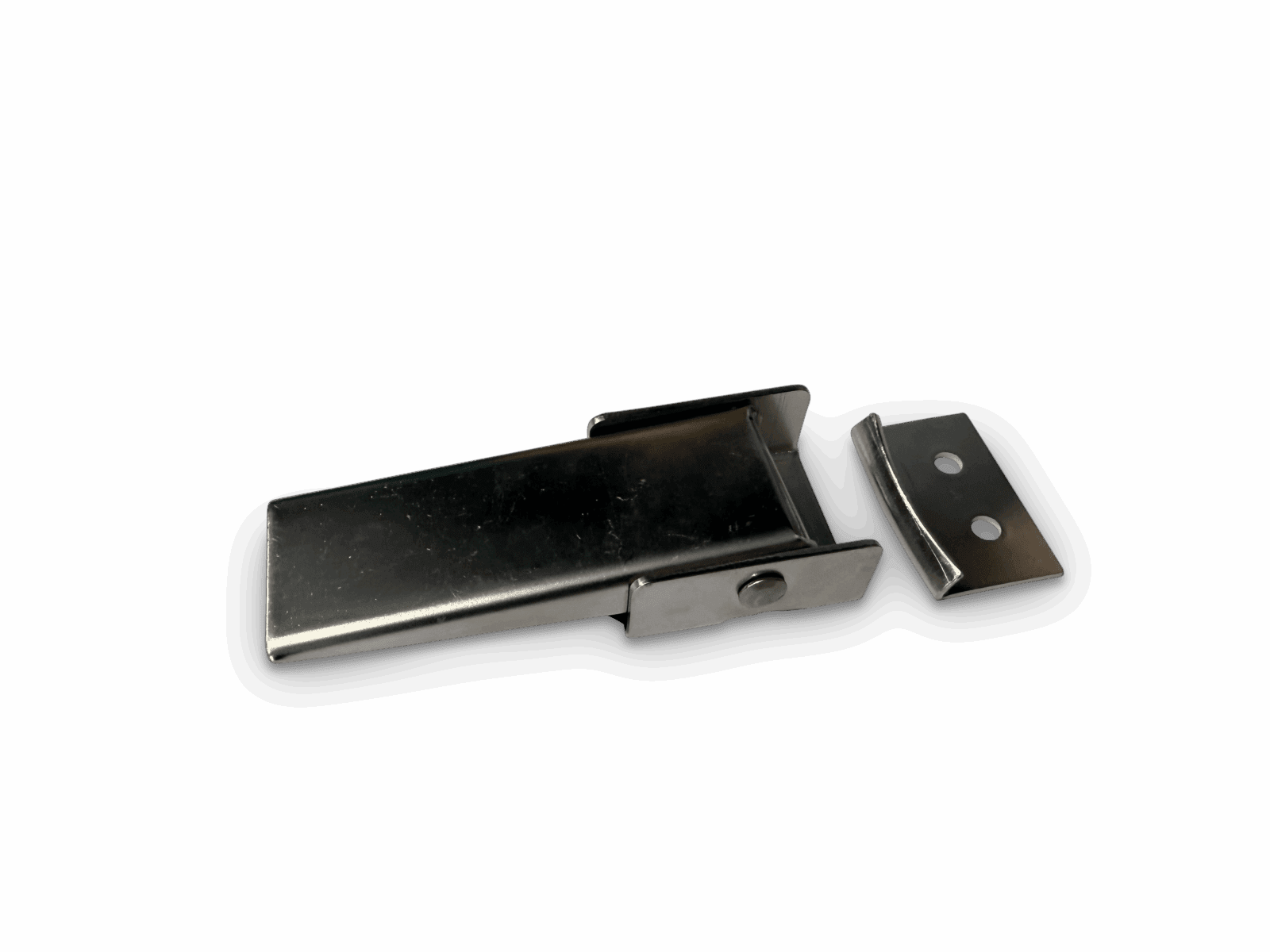 Rectangular metal latch with hinged flap and separate mounting plate with two holes.